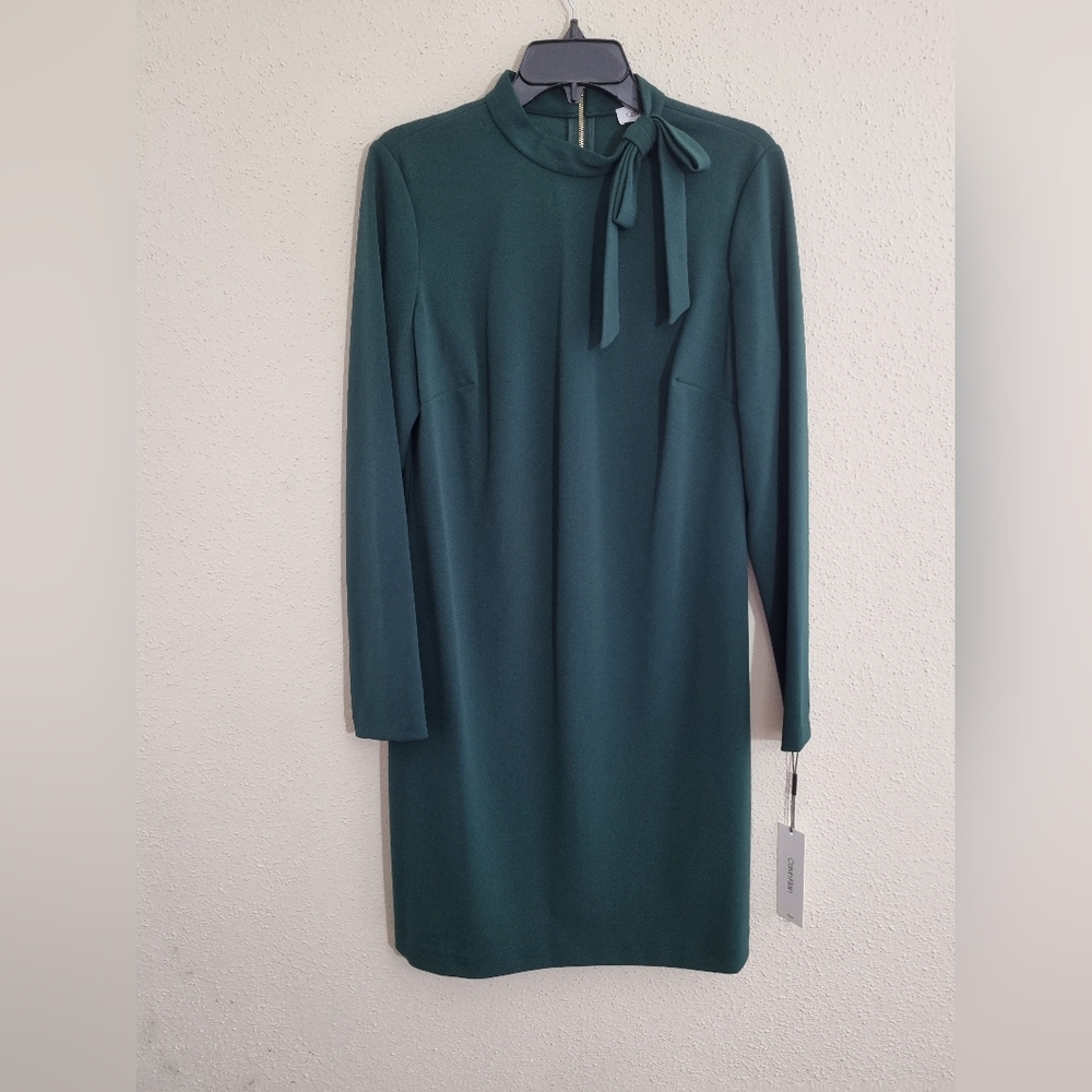 Calvin Klein Dark Green Long Sleeve Dress With Tie Neck Detail NWT Size 12 - Picture 3 of 8